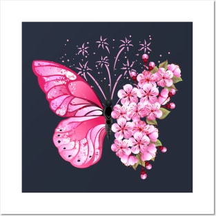 pink butterfly and flowers Posters and Art